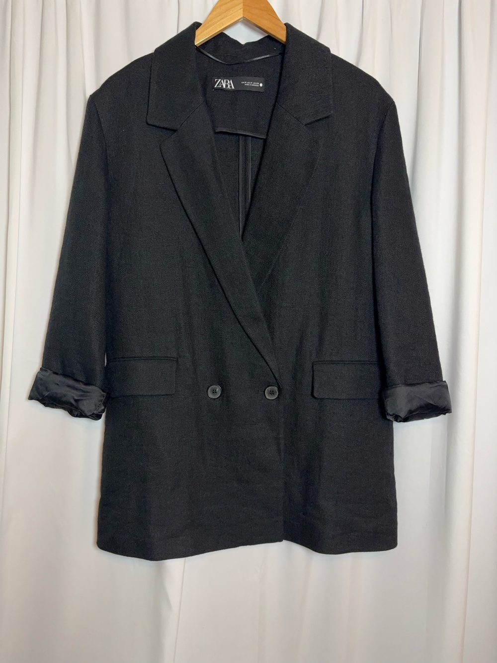 Zara Manteco Wool Black Oversized Double Breasted Blazer Jacket - Size M - EUC